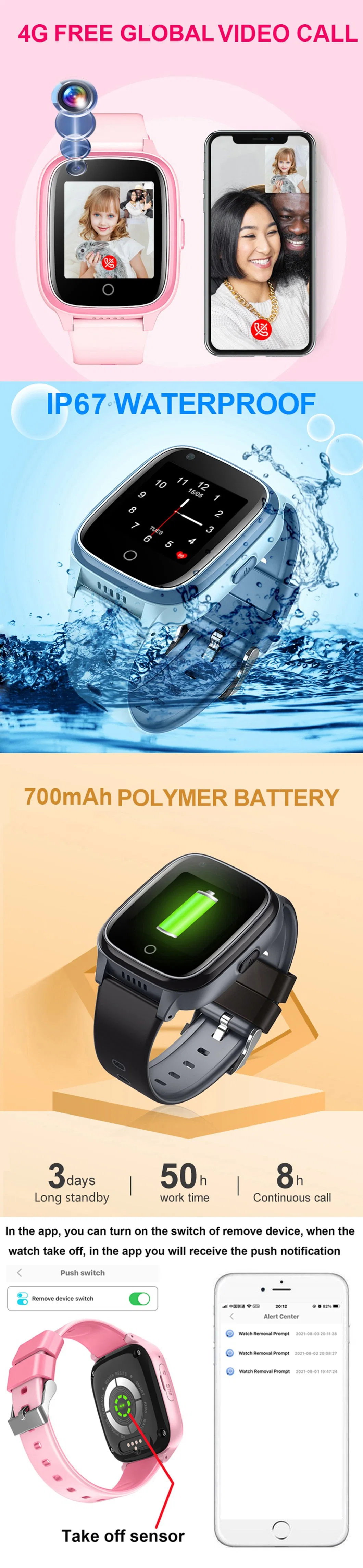 China factory 4G IP67 Waterproof Removal Alarm Smart Kids Cell Phone GPS Tracker Watch with Video Call for Child Security D31U